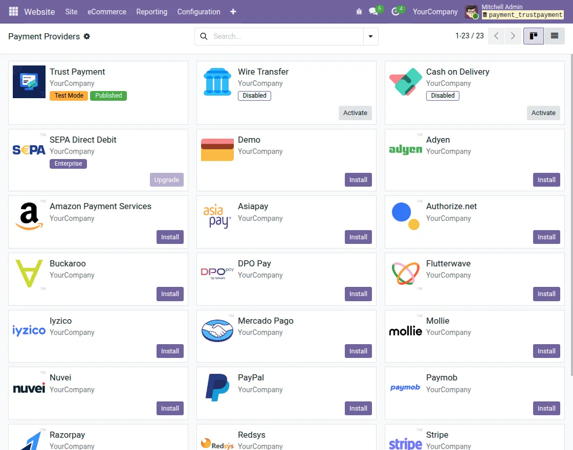 User Guide for Odoo Website TrustPayment Acquirer
