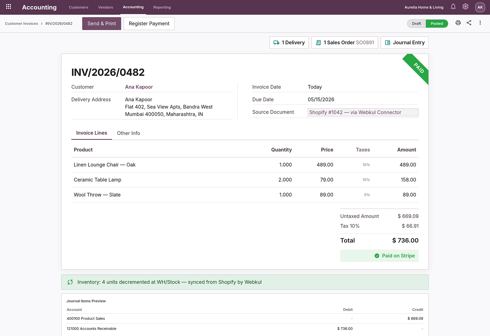 Odoo ERP customer invoice auto-created from the Shopify order