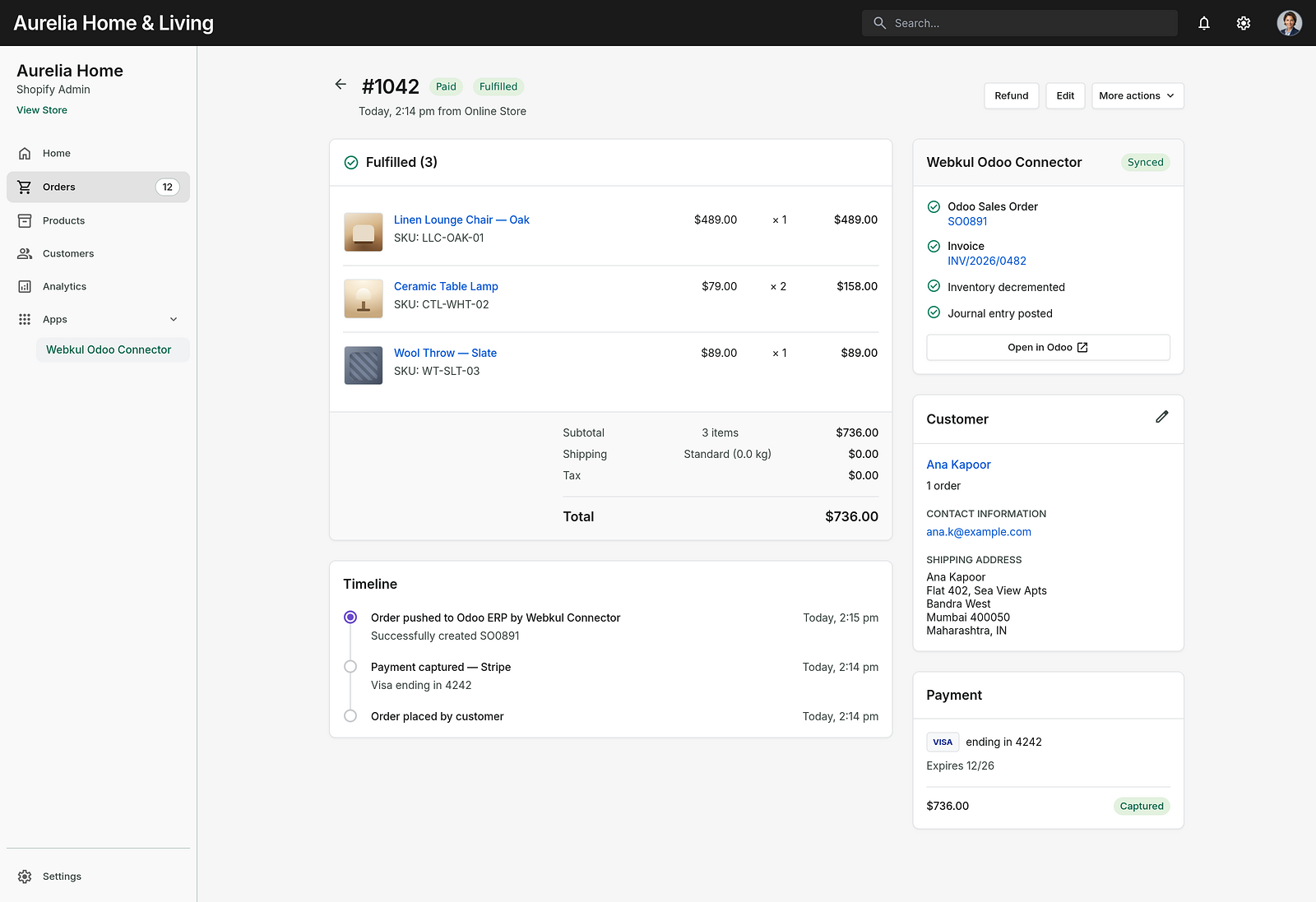 Shopify admin order synced to Odoo by the Webkul connector